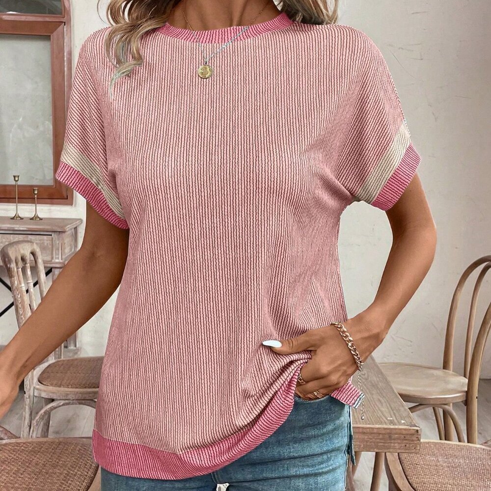 Pink Casual Women's Crew Neck Short Sleeve Striped Loose T-Shirt - Picture 3 of 7